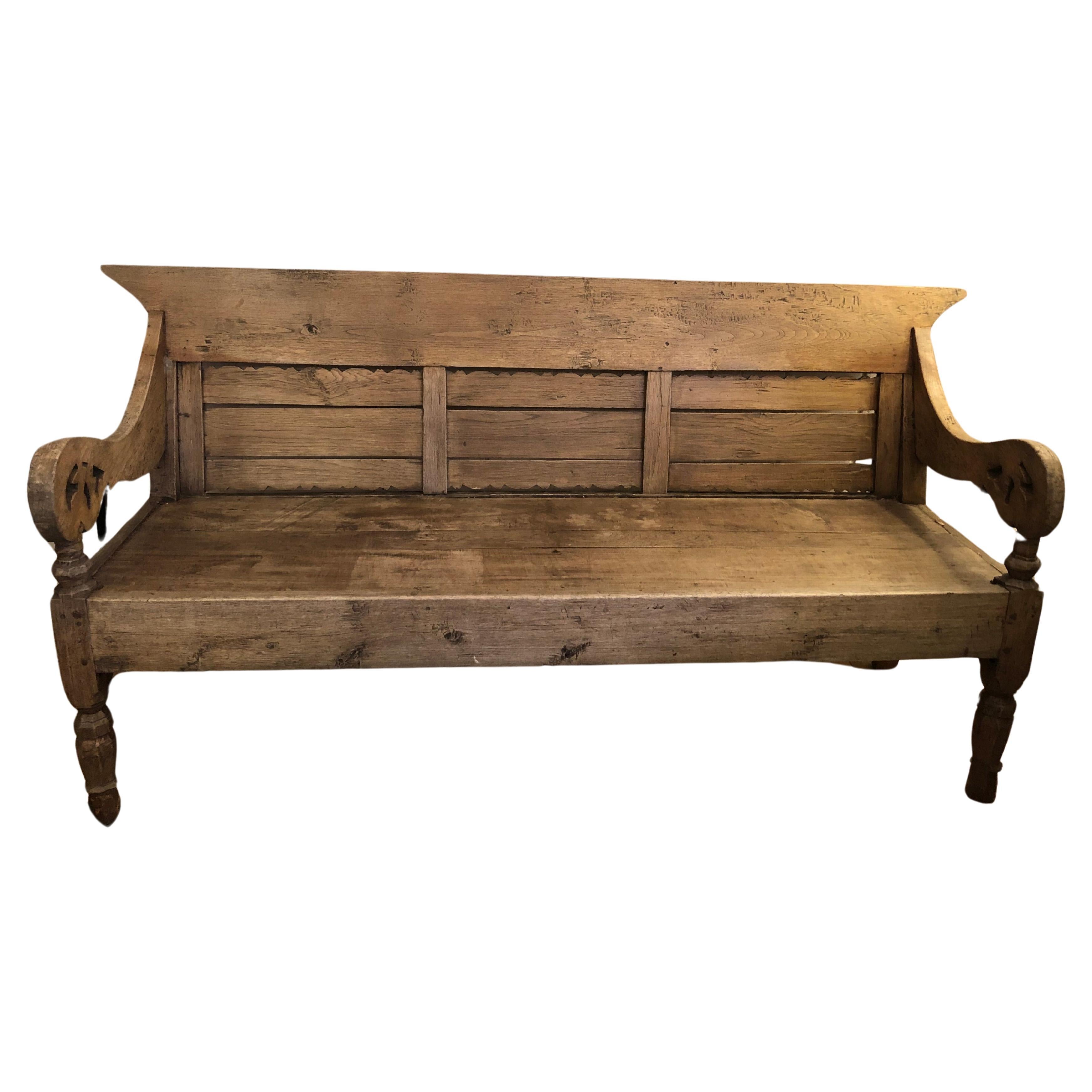 Very Large Rustic Carved Teak Bench from Jakarta For Sale