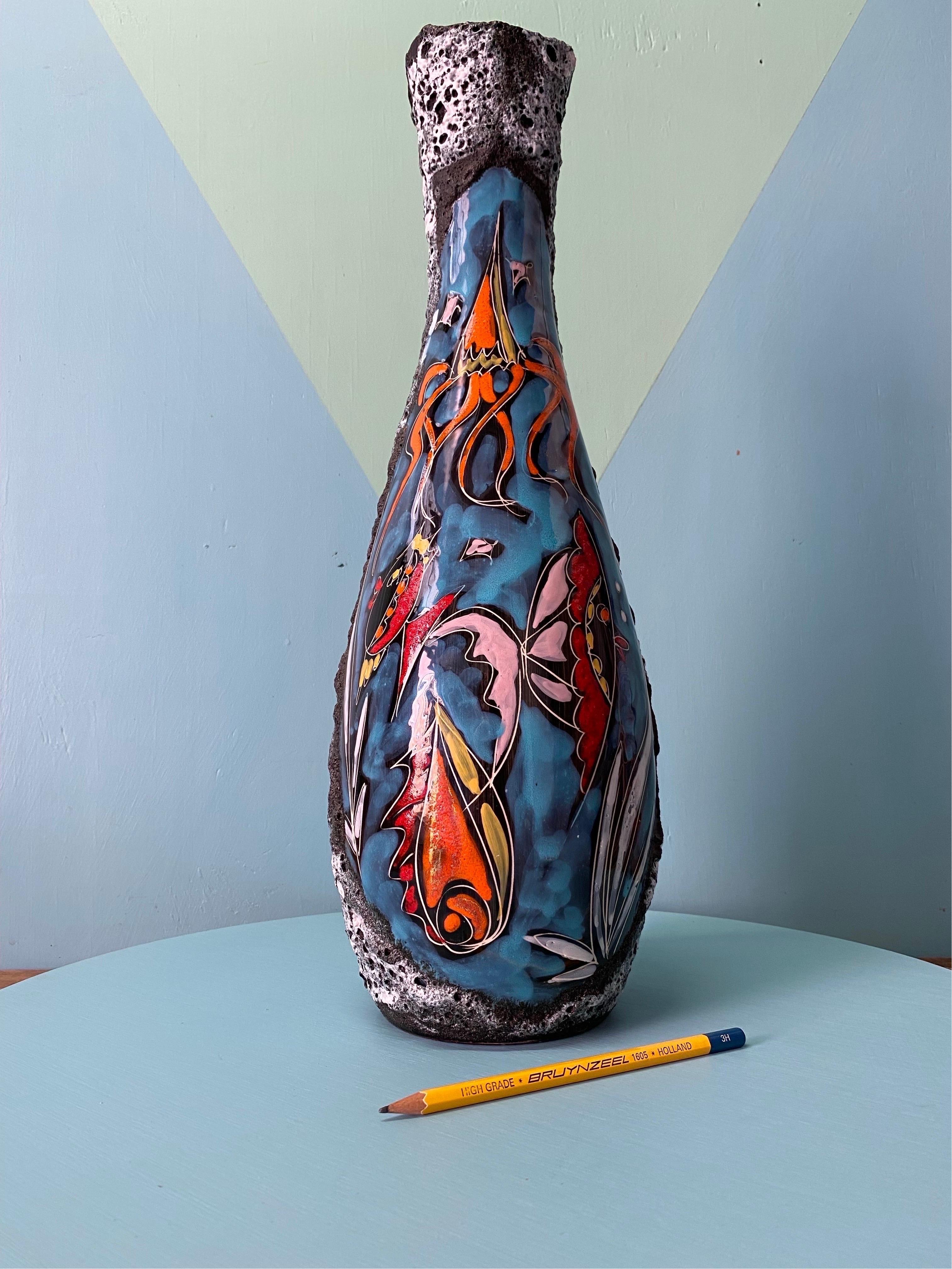 Vernissé Très grand vase bouteille San Marino Smalto Roccia Glaze Italie 1950s en vente