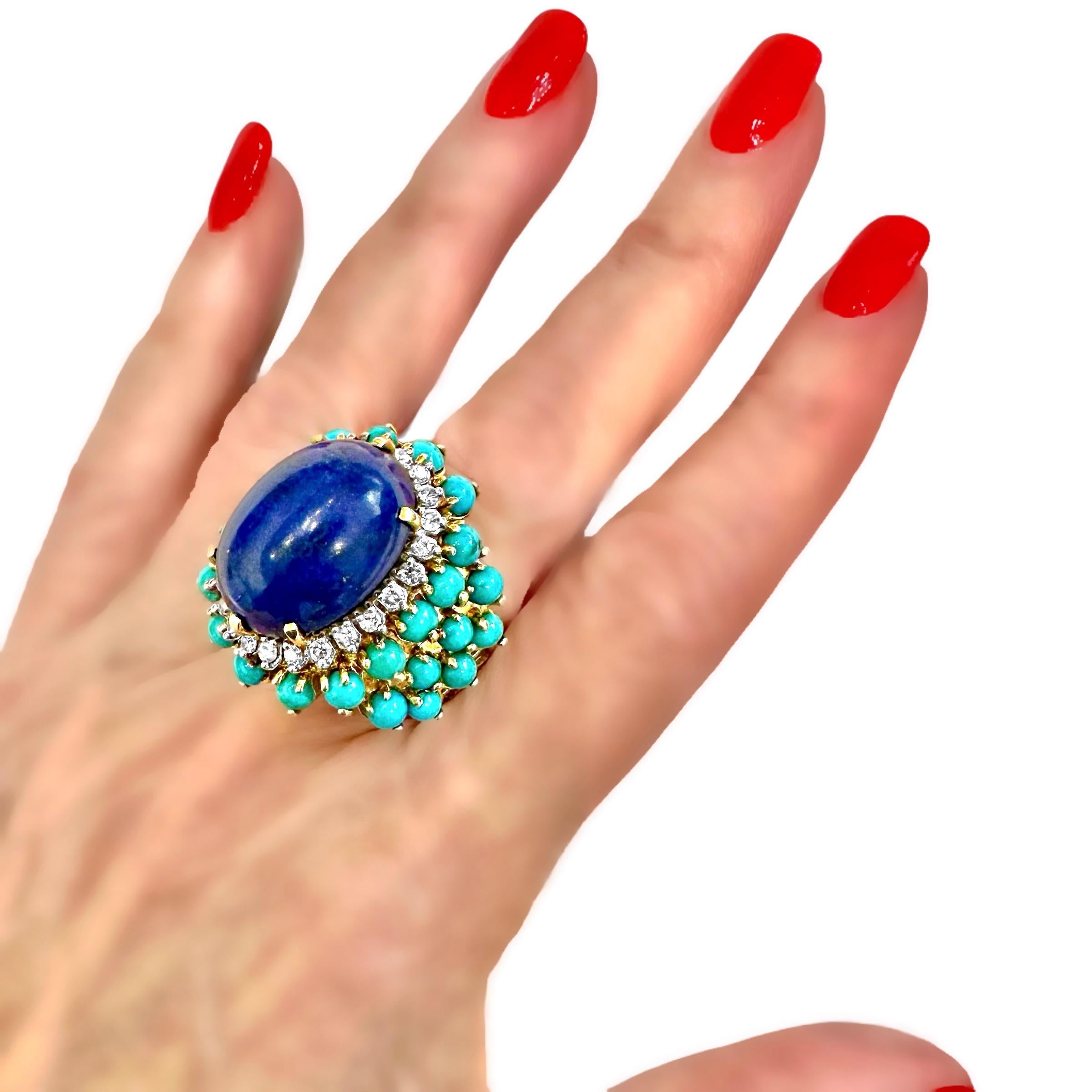 Very Large Scale 18K Yellow Gold Statement Ring with Lapis, Turquoise & Diamonds 4
