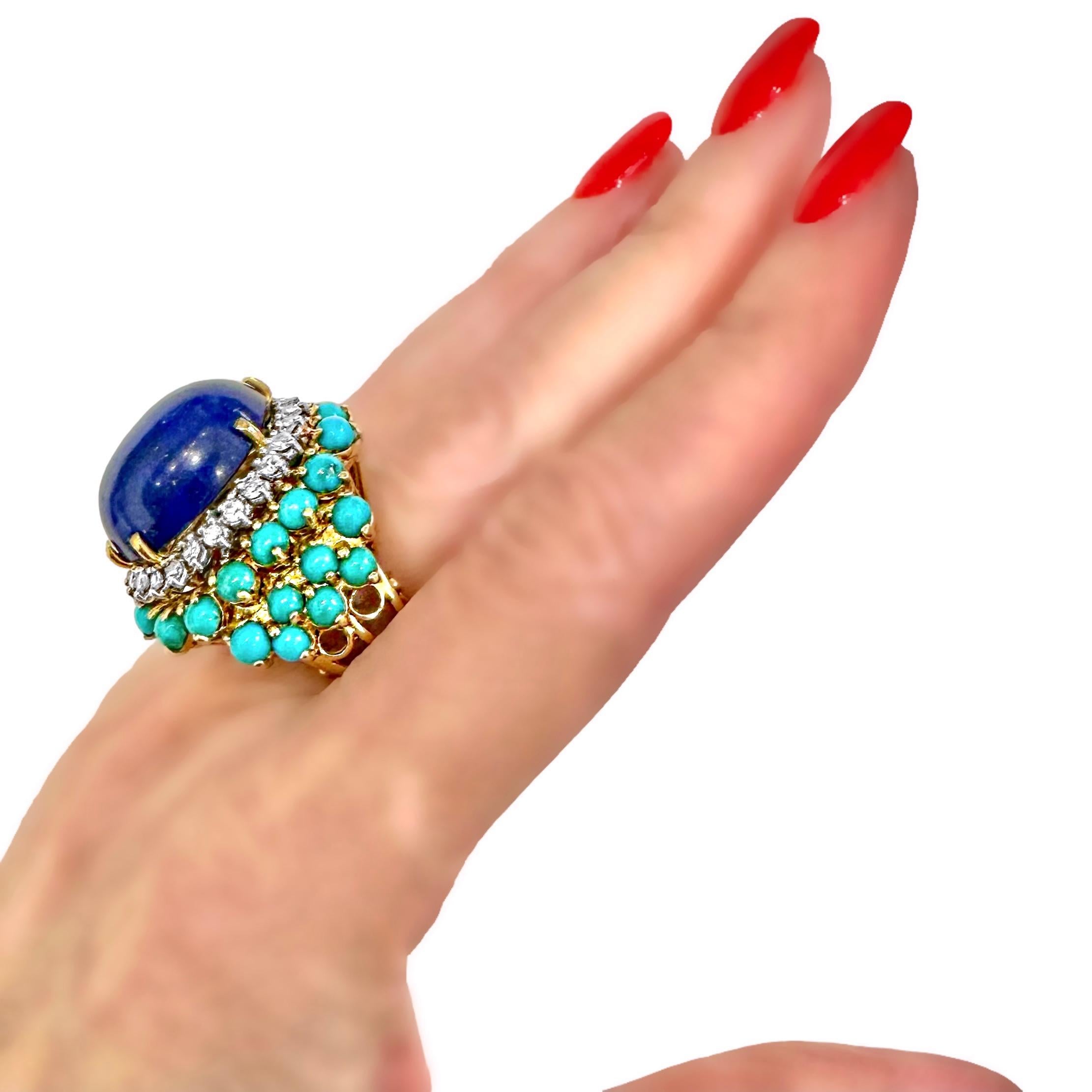 Very Large Scale 18K Yellow Gold Statement Ring with Lapis, Turquoise & Diamonds 5