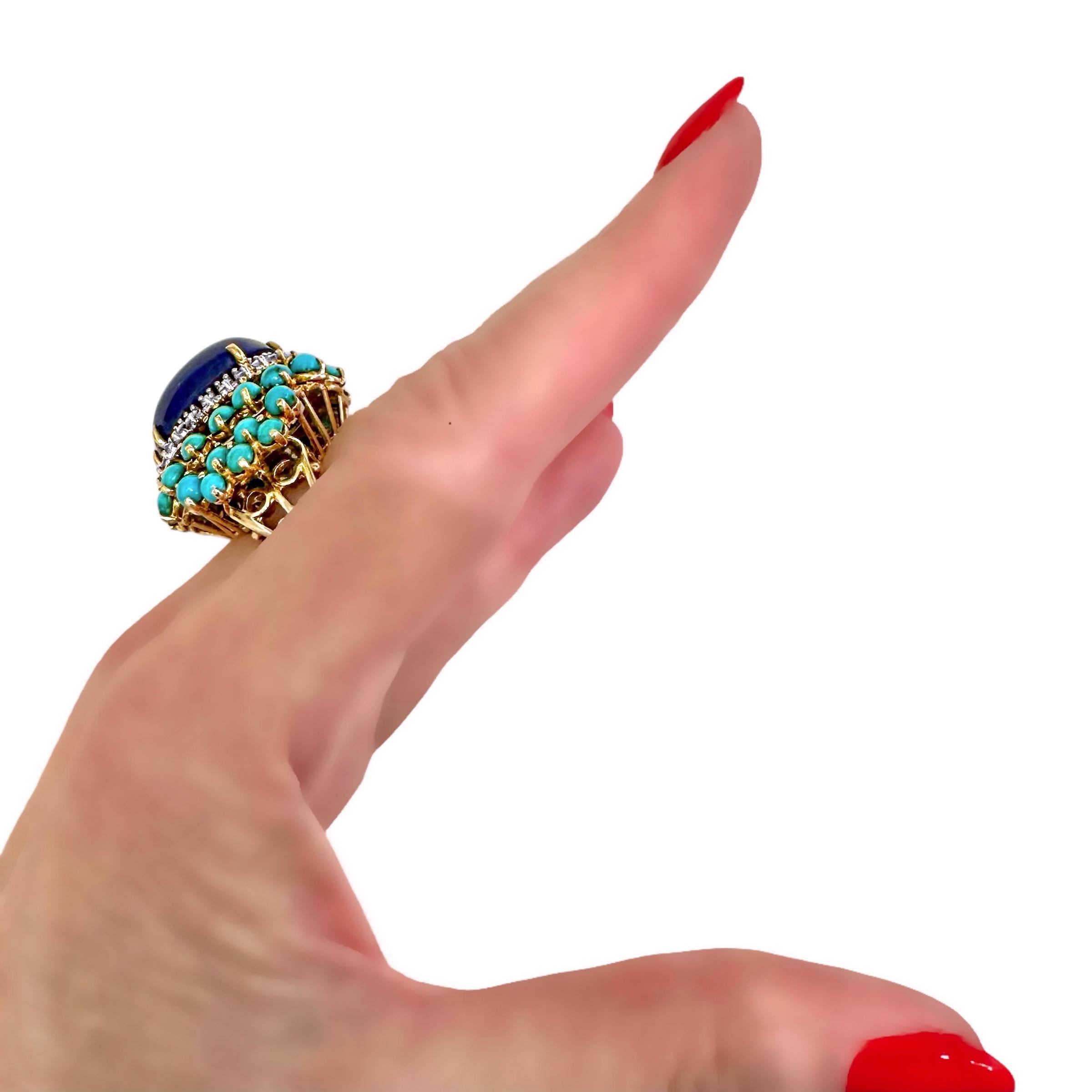 Very Large Scale 18K Yellow Gold Statement Ring with Lapis, Turquoise & Diamonds 6