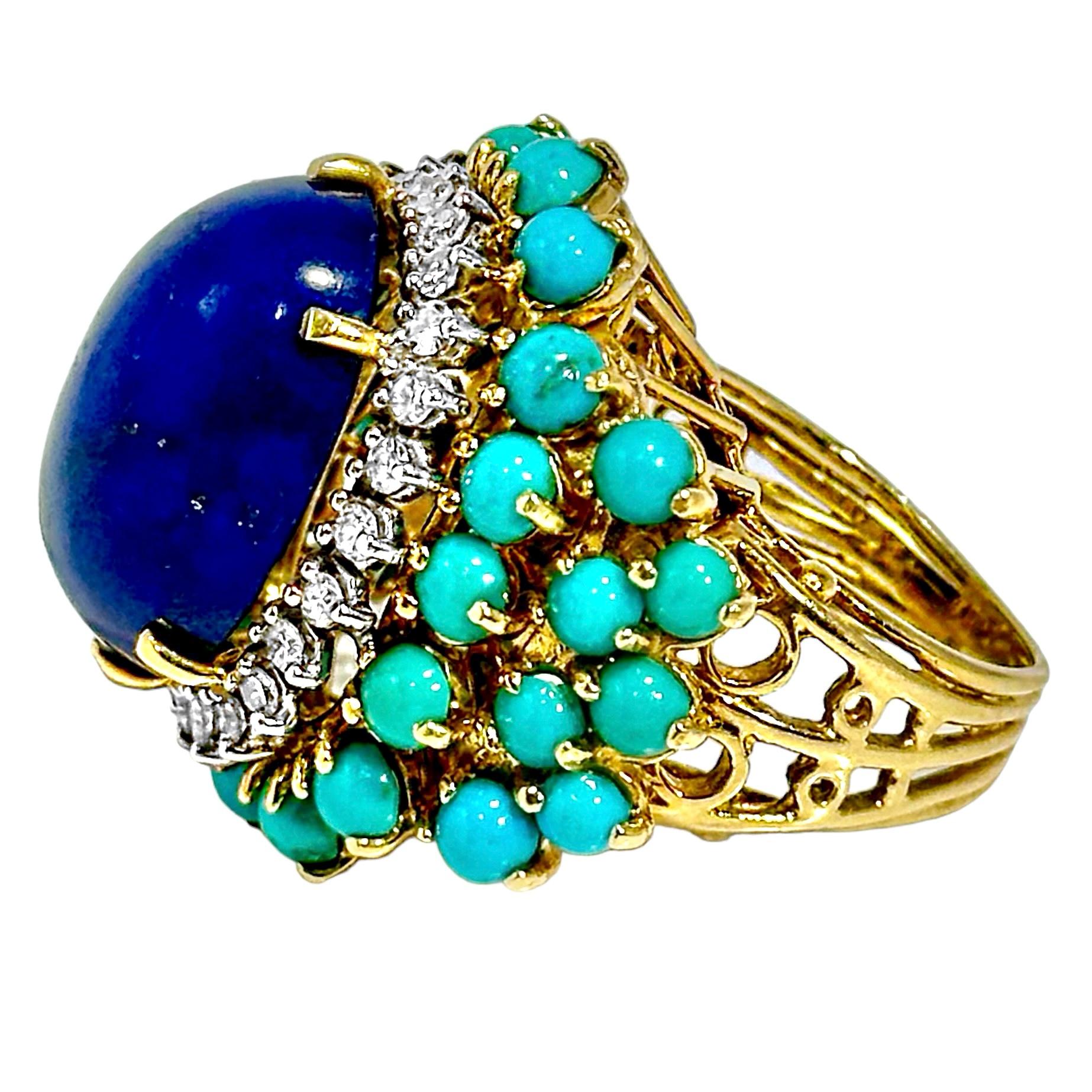 Modern Very Large Scale 18K Yellow Gold Statement Ring with Lapis, Turquoise & Diamonds