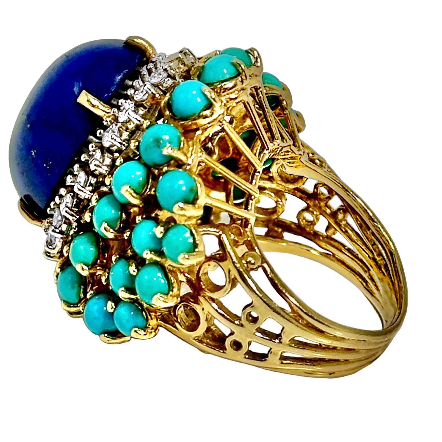 Round Cut Very Large Scale 18K Yellow Gold Statement Ring with Lapis, Turquoise & Diamonds