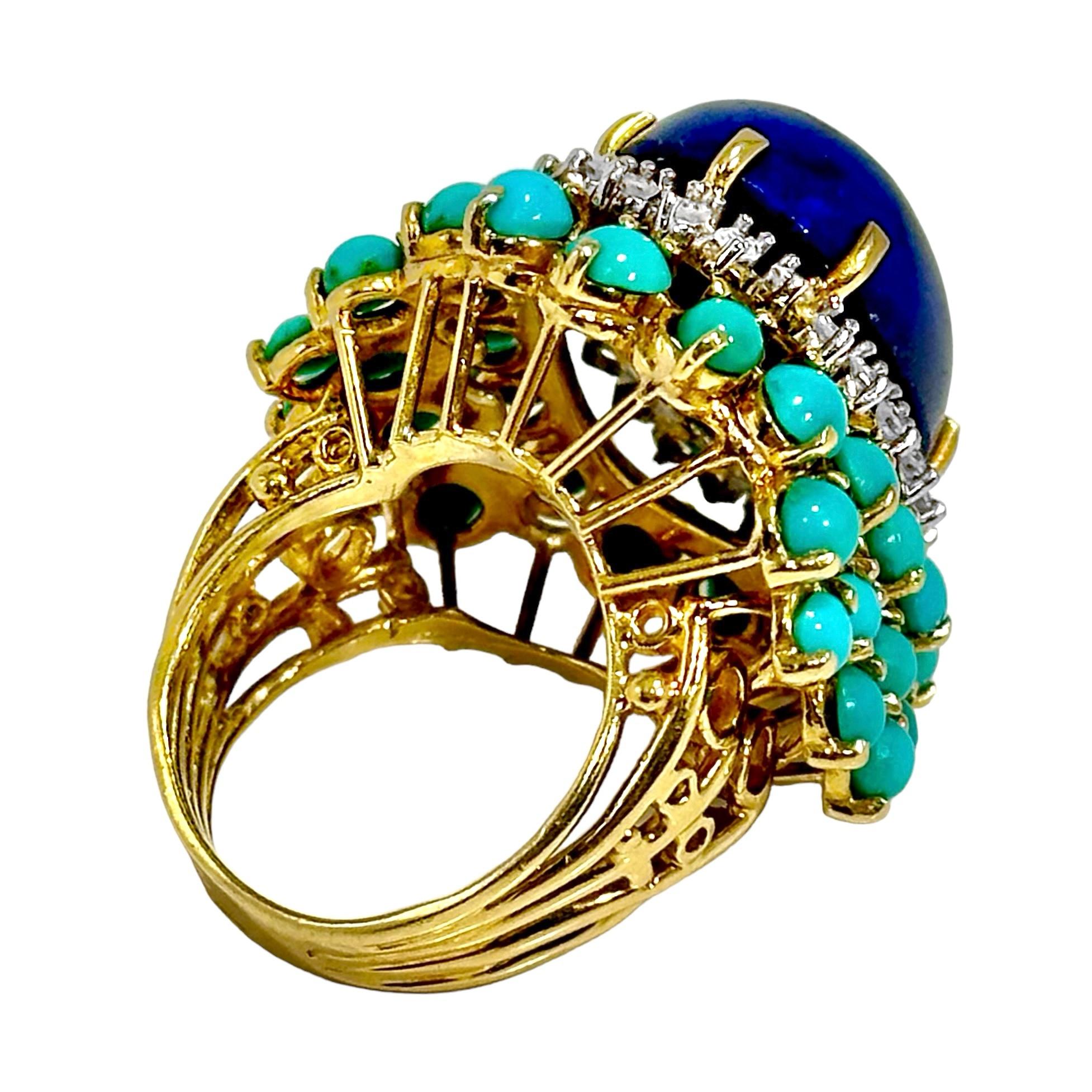 Women's or Men's Very Large Scale 18K Yellow Gold Statement Ring with Lapis, Turquoise & Diamonds