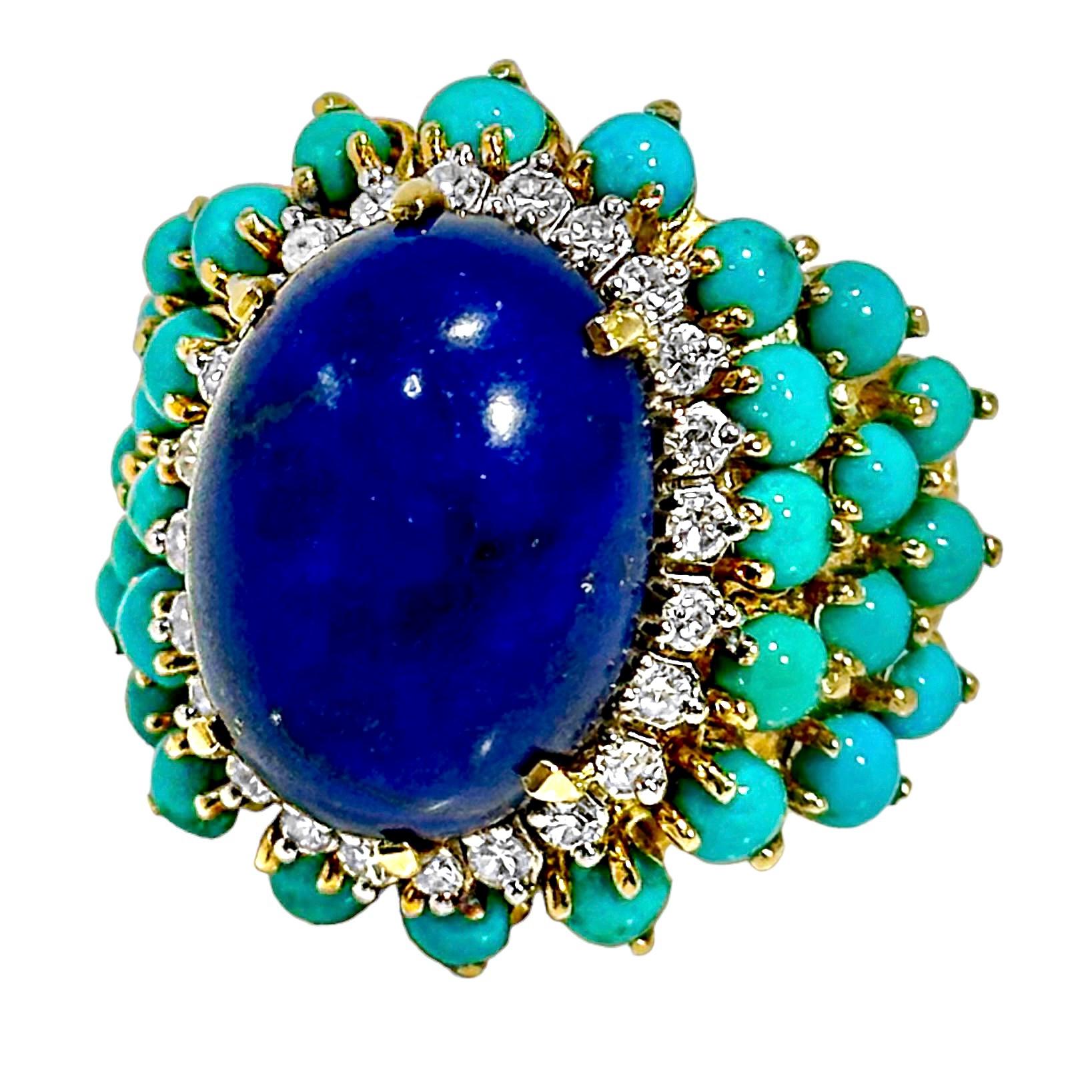 Very Large Scale 18K Yellow Gold Statement Ring with Lapis, Turquoise & Diamonds 1