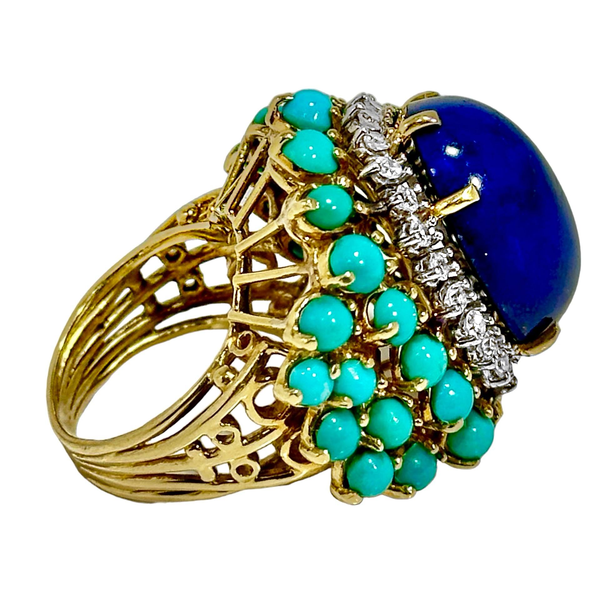 Very Large Scale 18K Yellow Gold Statement Ring with Lapis, Turquoise & Diamonds 2