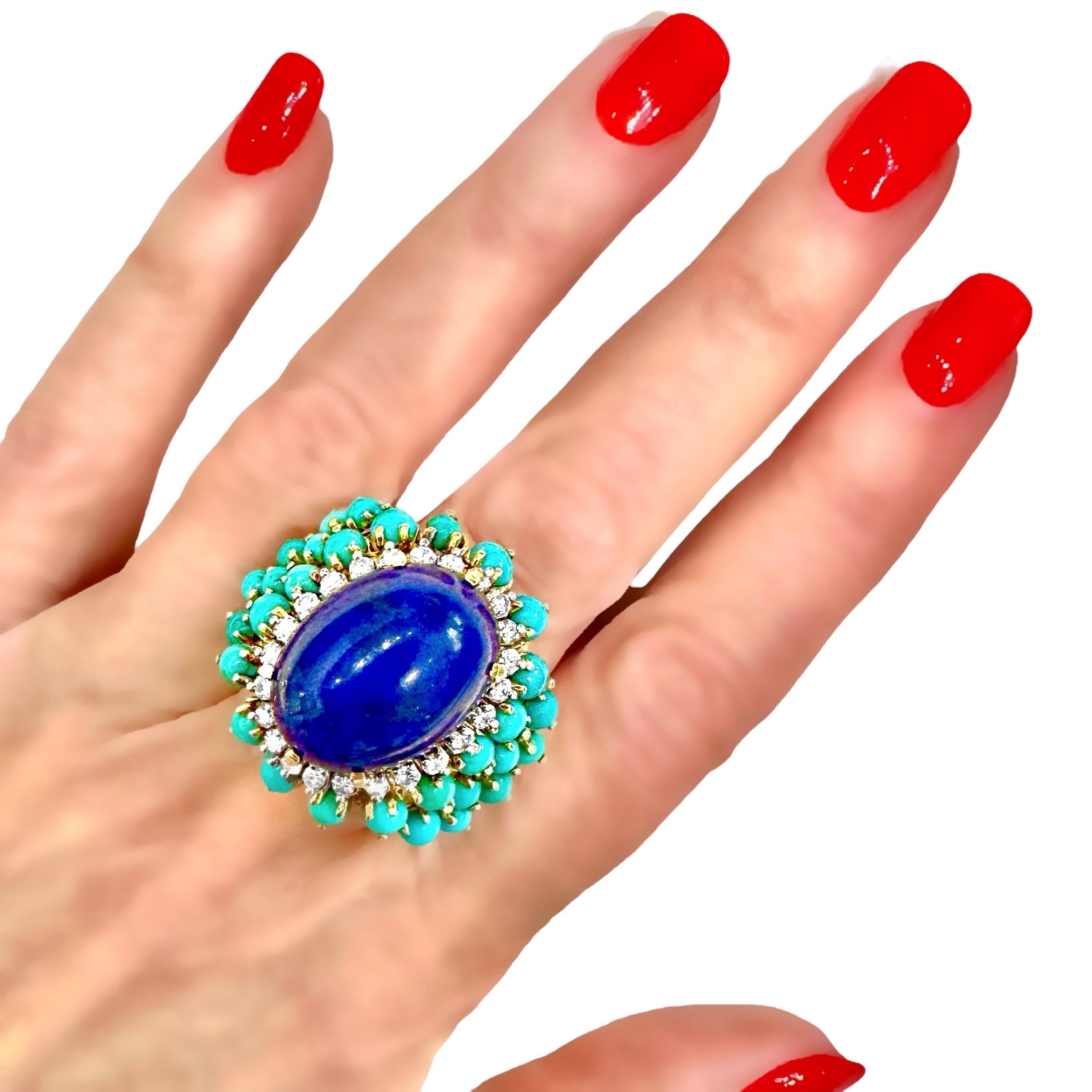 Very Large Scale 18K Yellow Gold Statement Ring with Lapis, Turquoise & Diamonds 3