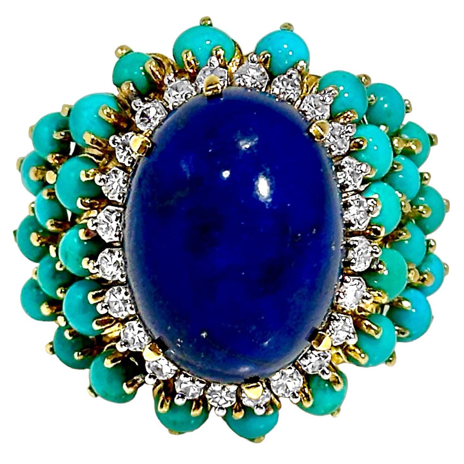 Very Large Scale 18K Yellow Gold Statement Ring with Lapis, Turquoise 
Diamonds