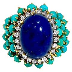 Very Large Scale 18K Yellow Gold Statement Ring with Lapis, Turquoise & Diamonds