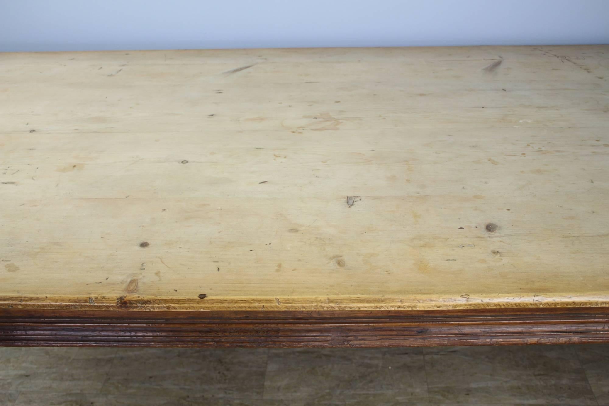 French Very Large Scrubbed Top Pine Farm Table, Chunky Turned Legs