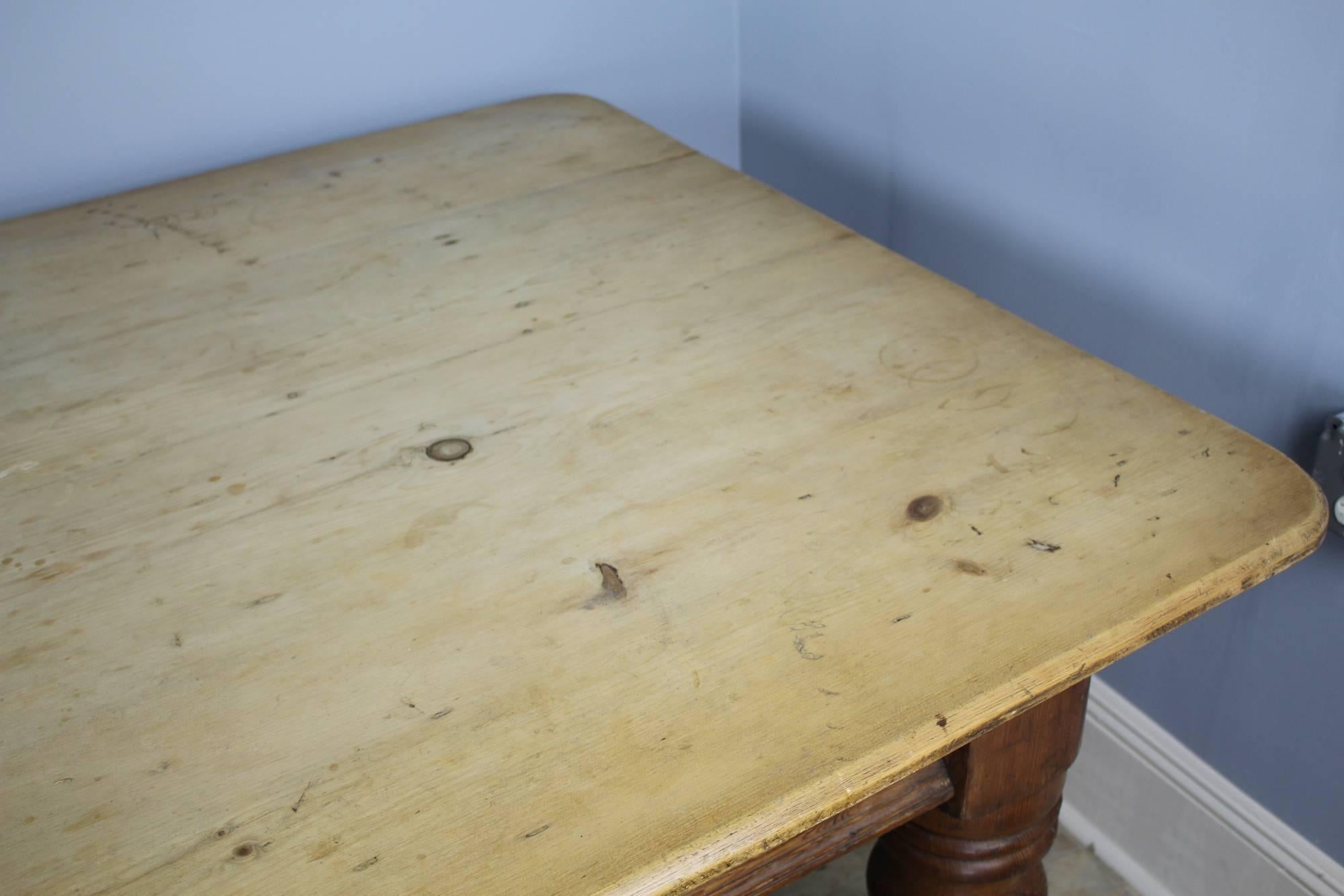 Very Large Scrubbed Top Pine Farm Table, Chunky Turned Legs In Good Condition In Port Chester, NY