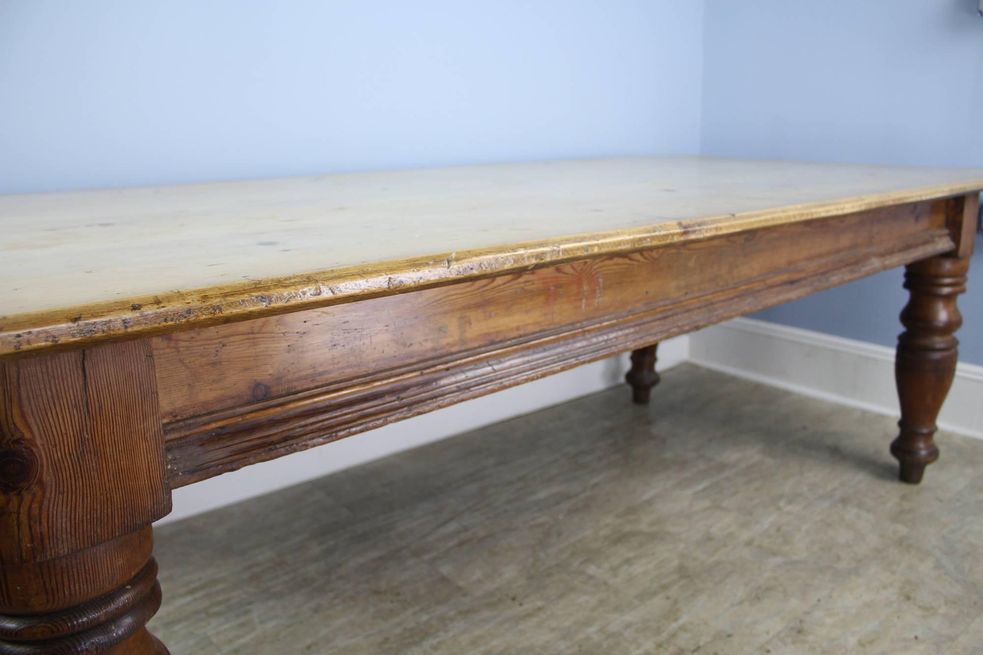 19th Century Very Large Scrubbed Top Pine Farm Table, Chunky Turned Legs