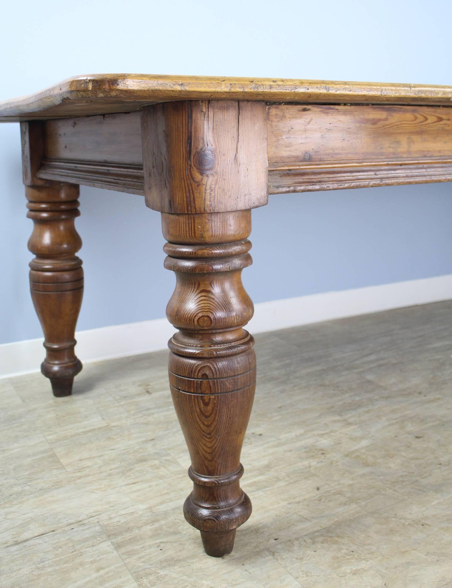 Very Large Scrubbed Top Pine Farm Table, Chunky Turned Legs 1