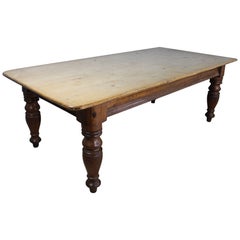 Antique Very Large Scrubbed Top Pine Farm Table, Chunky Turned Legs