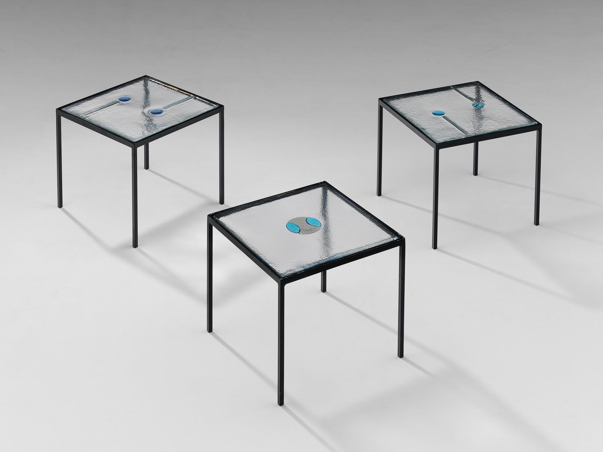 Late 20th Century Side Tables in Colorful Structured Glass and Steel