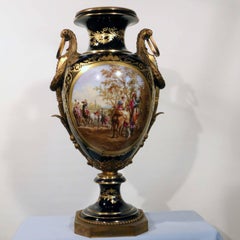 Very Large Sevres Cobalt Blue Urn Painted with a Hawking party