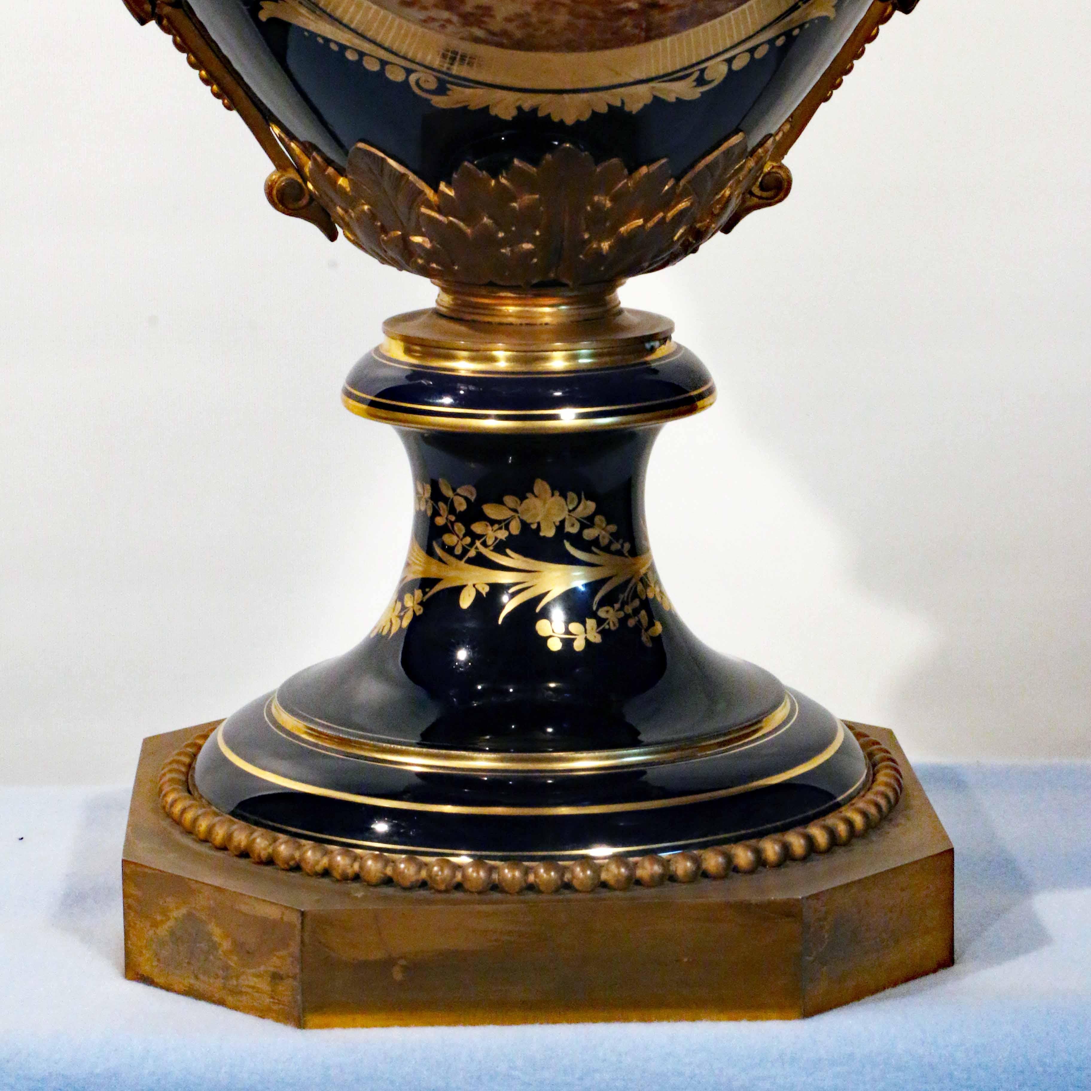 19th Century Very Large Sevres Cobalt Blue Urn Painted with a Hawking party