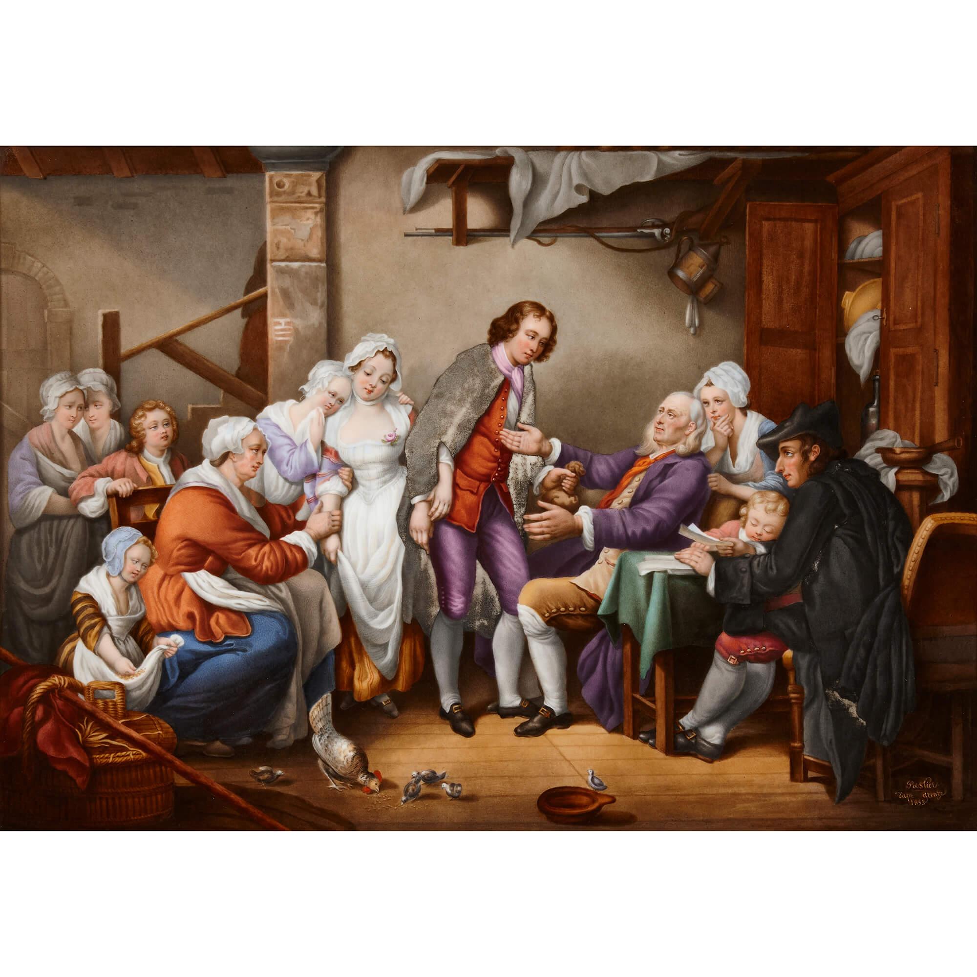 Very large Sèvres porcelain plaque by Pastier after Jean-Baptiste Greuze
French, 1853
Frame: height 71cm, width 89cm, depth 9cm
Plaque: height 42cm, width 58m, depth 1cm

Crafted by the Sèvres porcelain manufactory and masterfully painted by the