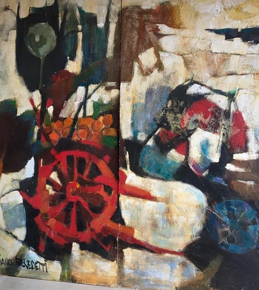 Signed abstract, oil on compressed wood panels, sold as a set of 2 but can easily be used as 2 separate paintings (see photos).
Originally part of a series of 4 paintings by the artist Mariano Benedetti who designed and built Villa Benedetti and the