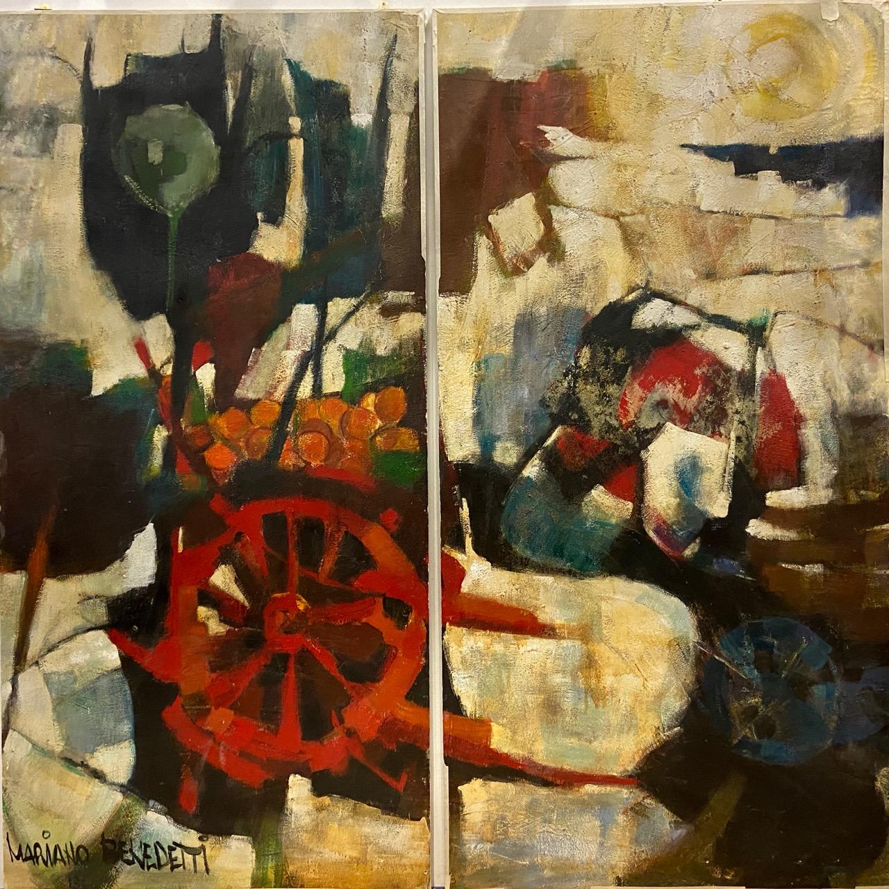 20th Century very large signed mid-century abstract oil on panels, diptych, Mariano Benedetti For Sale