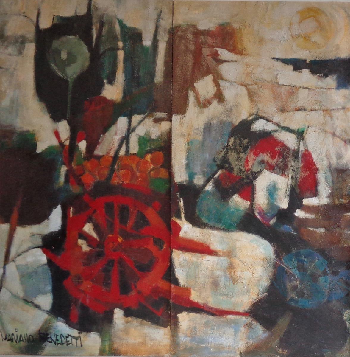 Wood very large signed mid-century abstract oil on panels, diptych, Mariano Benedetti For Sale
