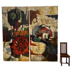 gran óleo abstracto sobre tabla, díptico, firmado a mediados de siglo, Mariano Benedetti