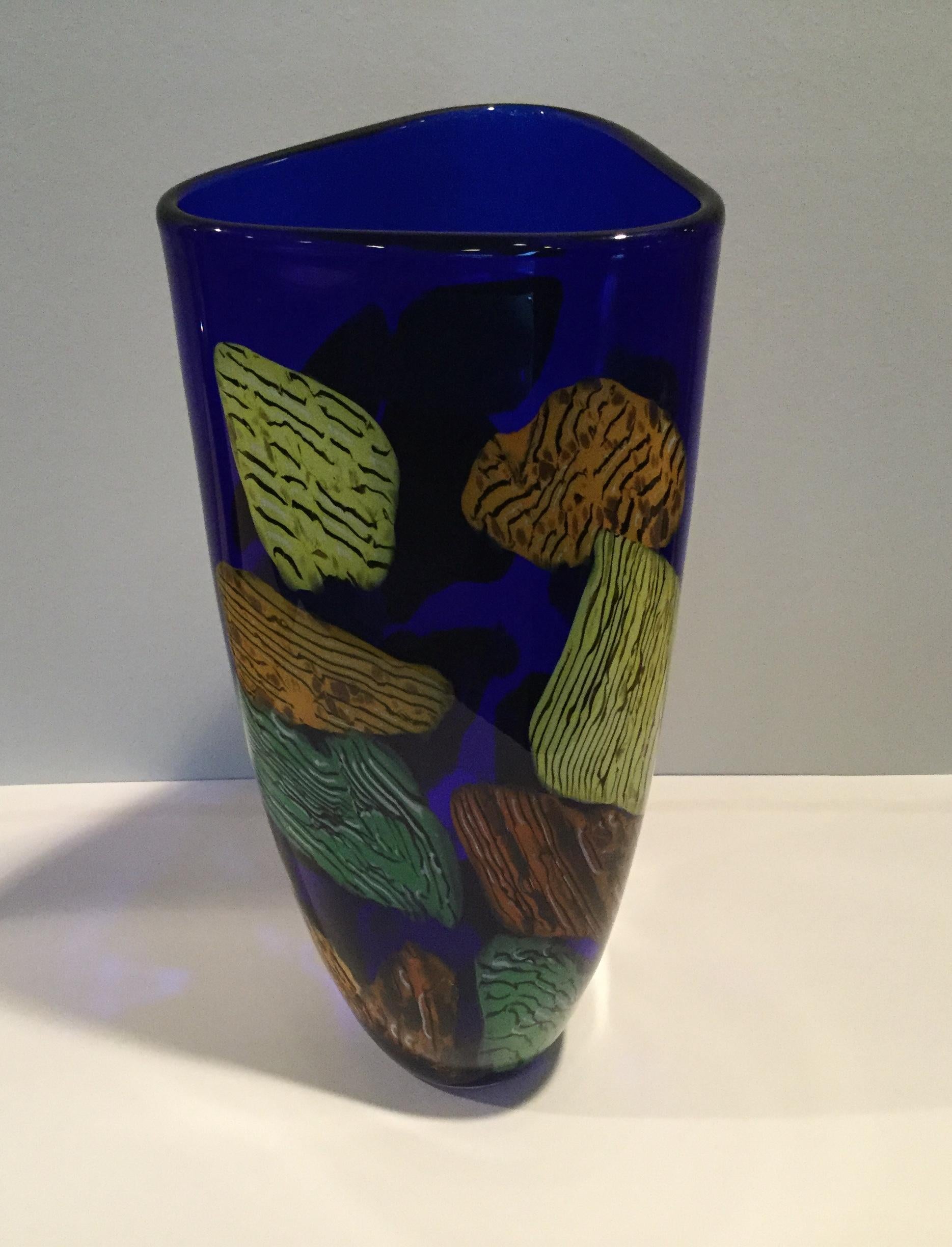 Signed 1980s Seguso Viro vase. Monumental size and vibrant colors.