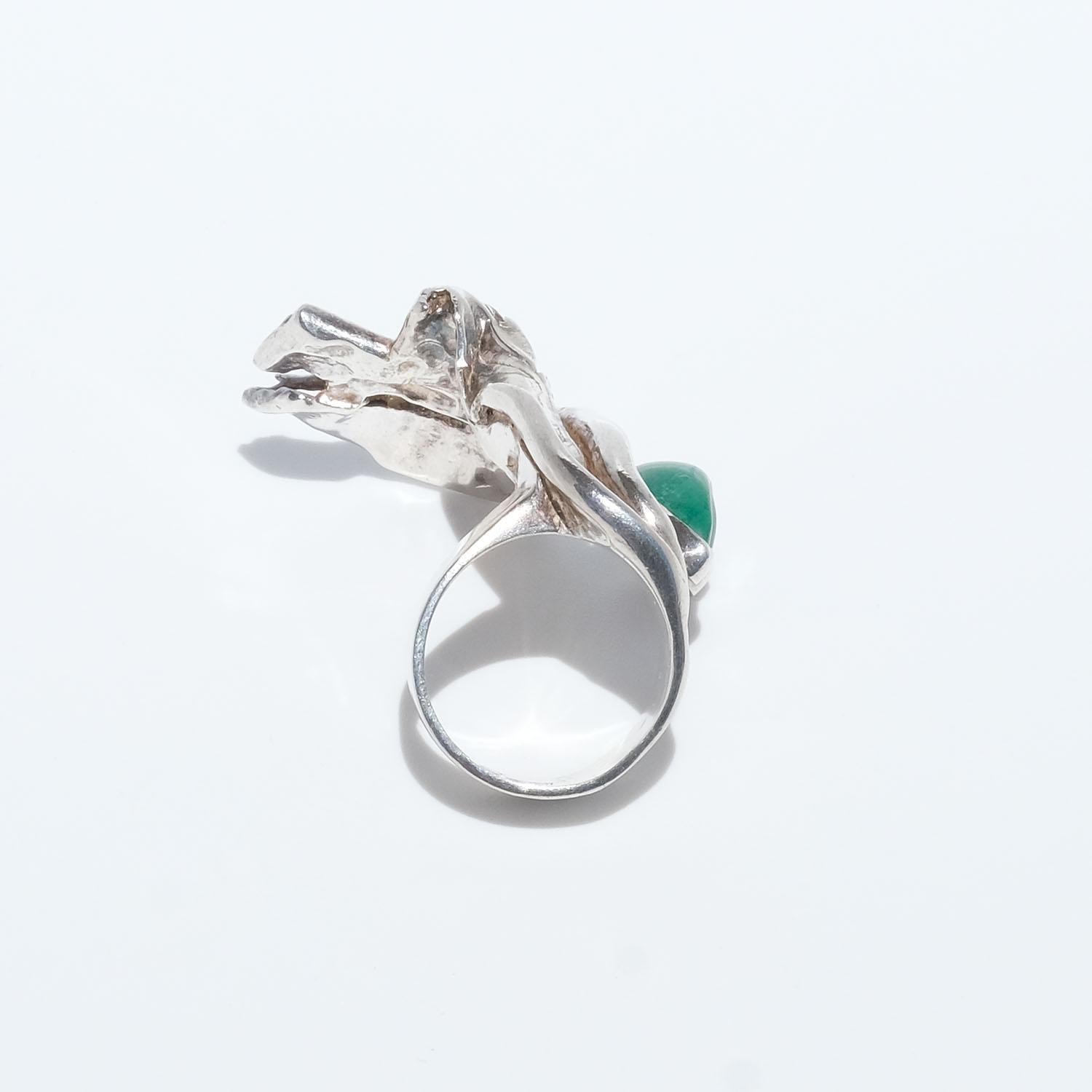 Mixed Cut Very Large Silver and Malachite Ring by Swedish Inga Lagervall Made Year 1982 For Sale