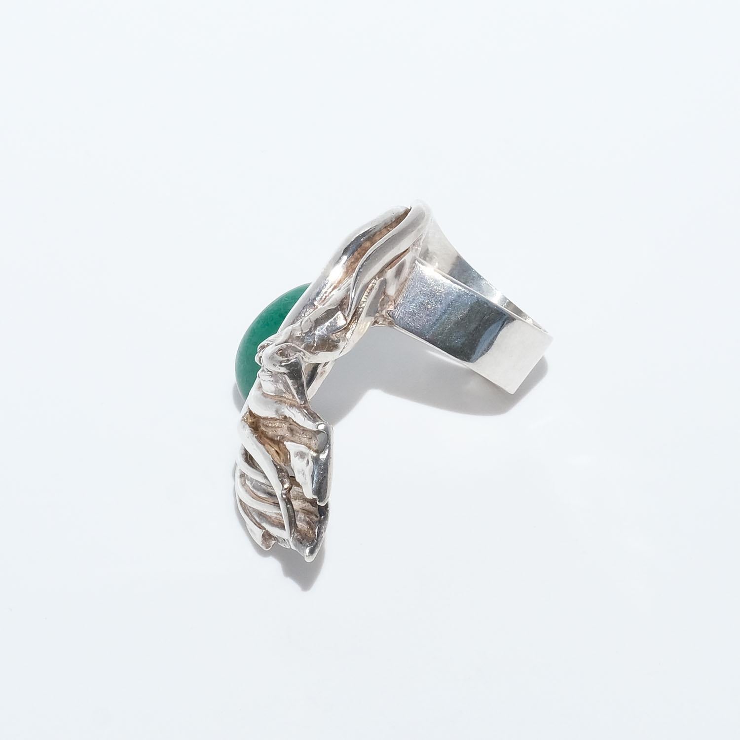 Very Large Silver and Malachite Ring by Swedish Inga Lagervall Made Year 1982 For Sale 1
