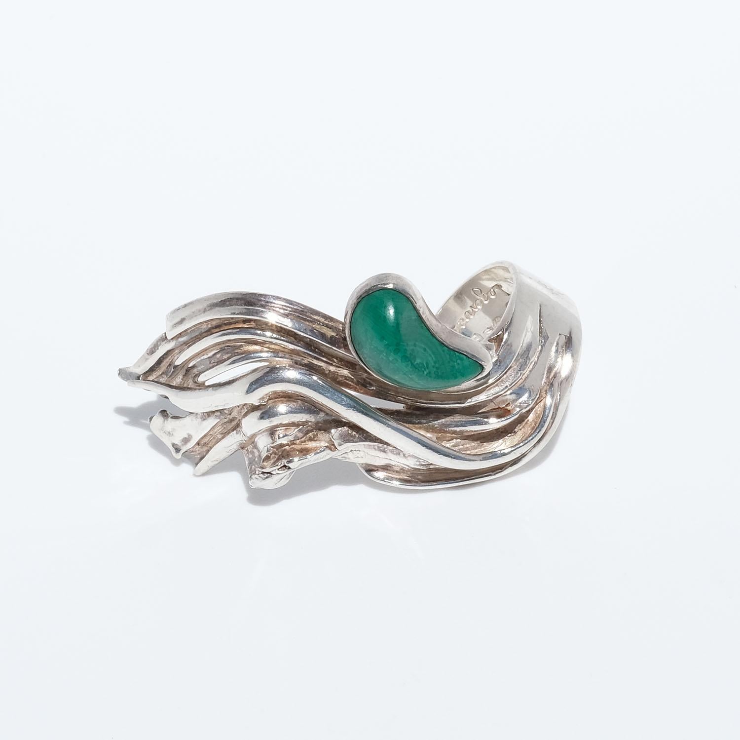Very Large Silver and Malachite Ring by Swedish Inga Lagervall Made Year 1982 For Sale 2