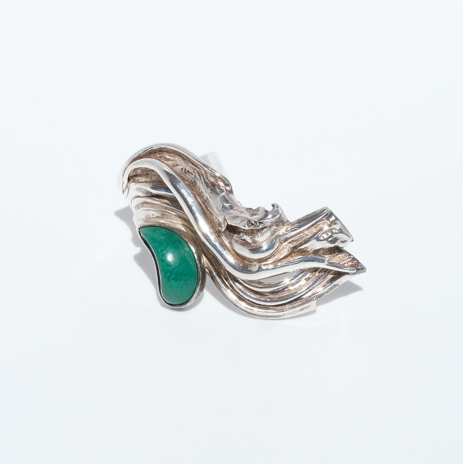 Very Large Silver and Malachite Ring by Swedish Inga Lagervall Made Year 1982 For Sale 3