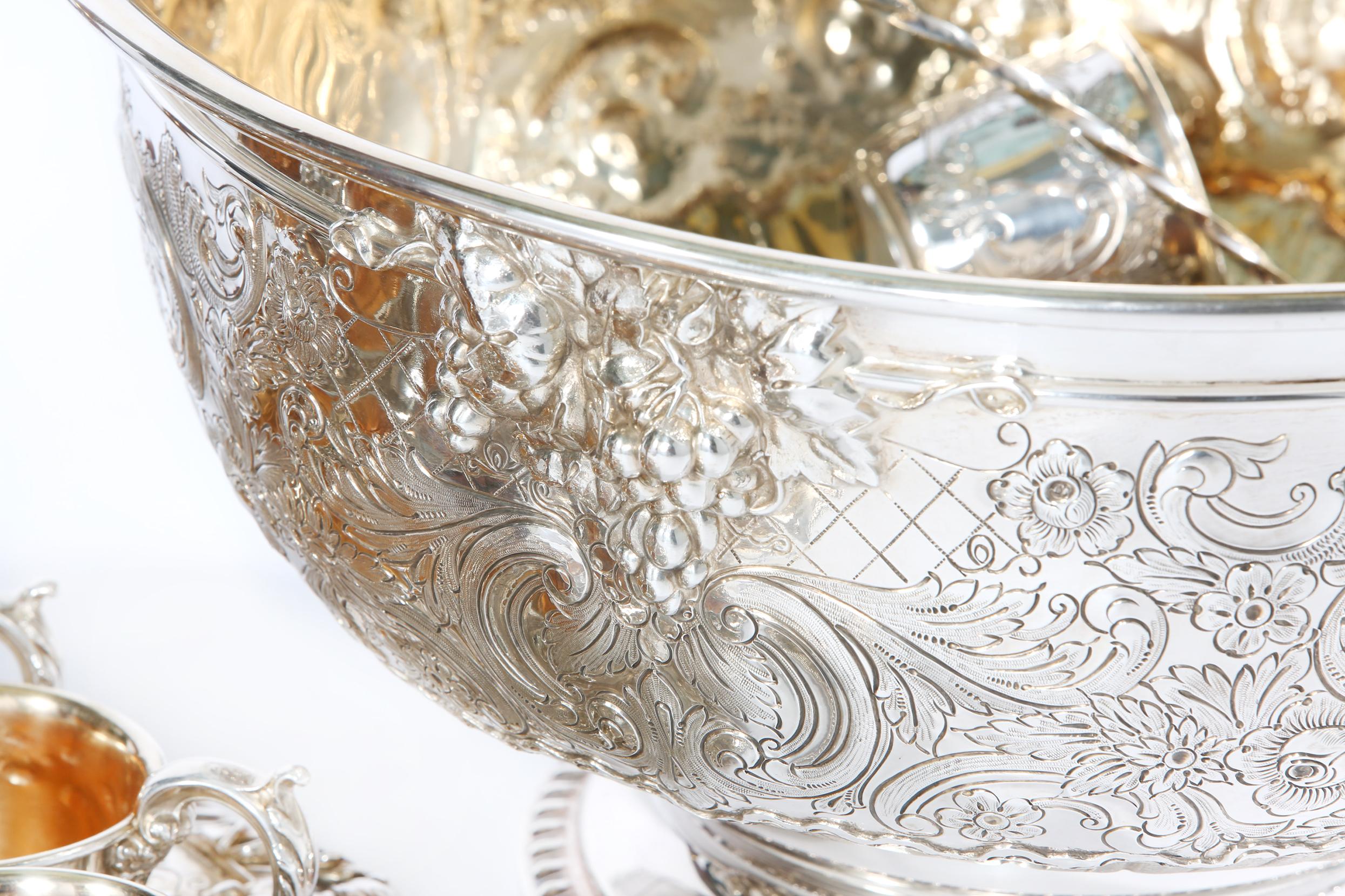 20th Century Very Large Silver Plate Punch Bowl Service for 24 People
