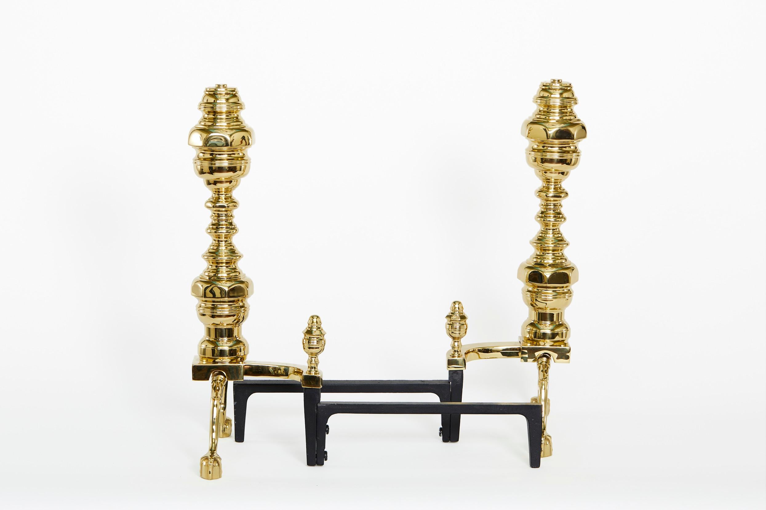 Gilt Very Large Solid Brass Georgian Style Pair Andirons