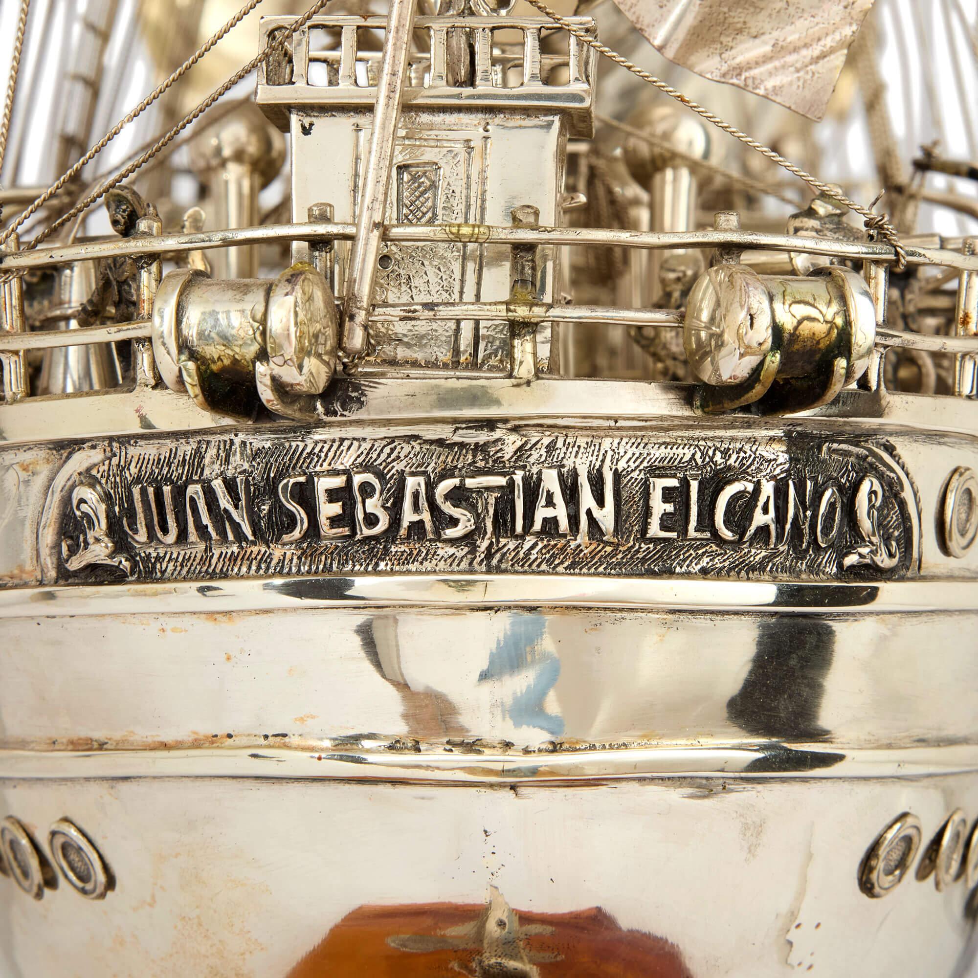 Modelo español muy grande de barco Nef de plata Juan Sebastián Elcano en venta 3
