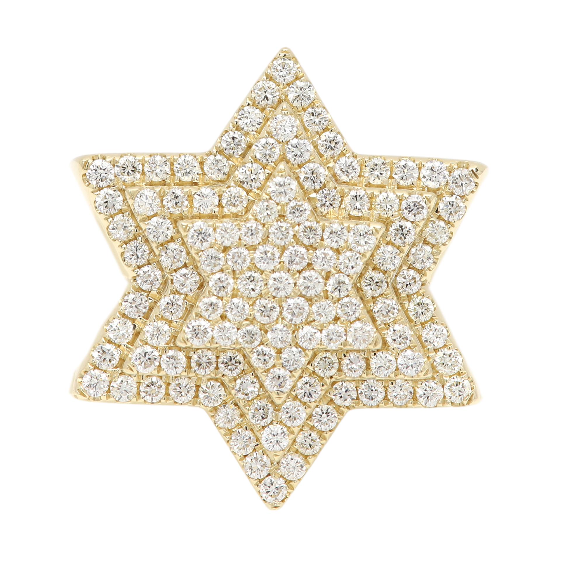 Taglio cuscino Anello con Stella di David molto grande 4,0 CT di diamanti in oro giallo 14 carati in vendita
