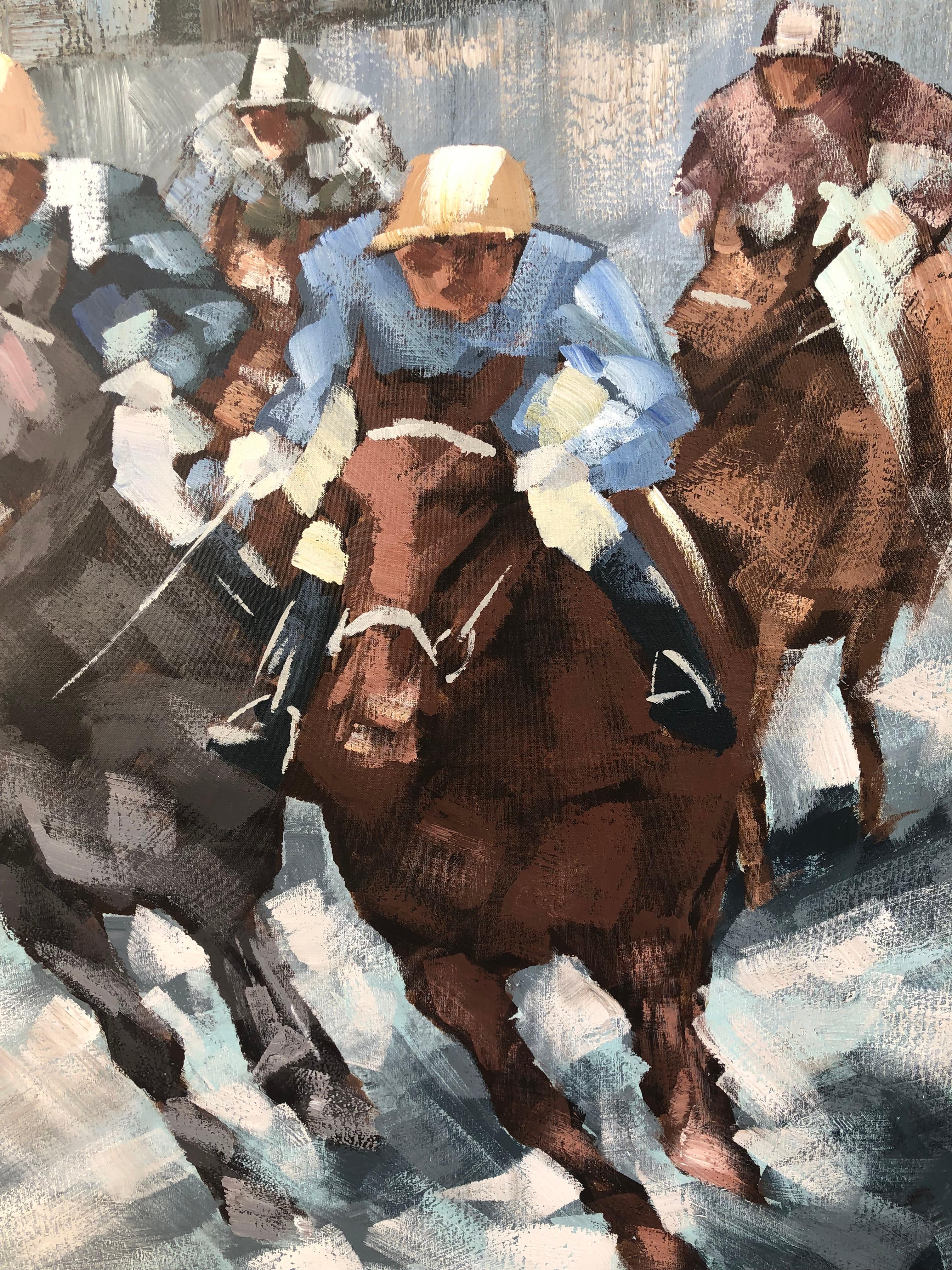 Lee Reynolds (Amer., 1936-2017)
Large oil on canvas of a steeplechase by artist Lee Reynolds who founded Vanguard Studios in Beverly Hills. CA in 1964. The commanding size of this painting in grey, blue and brown color palette, coupled with the