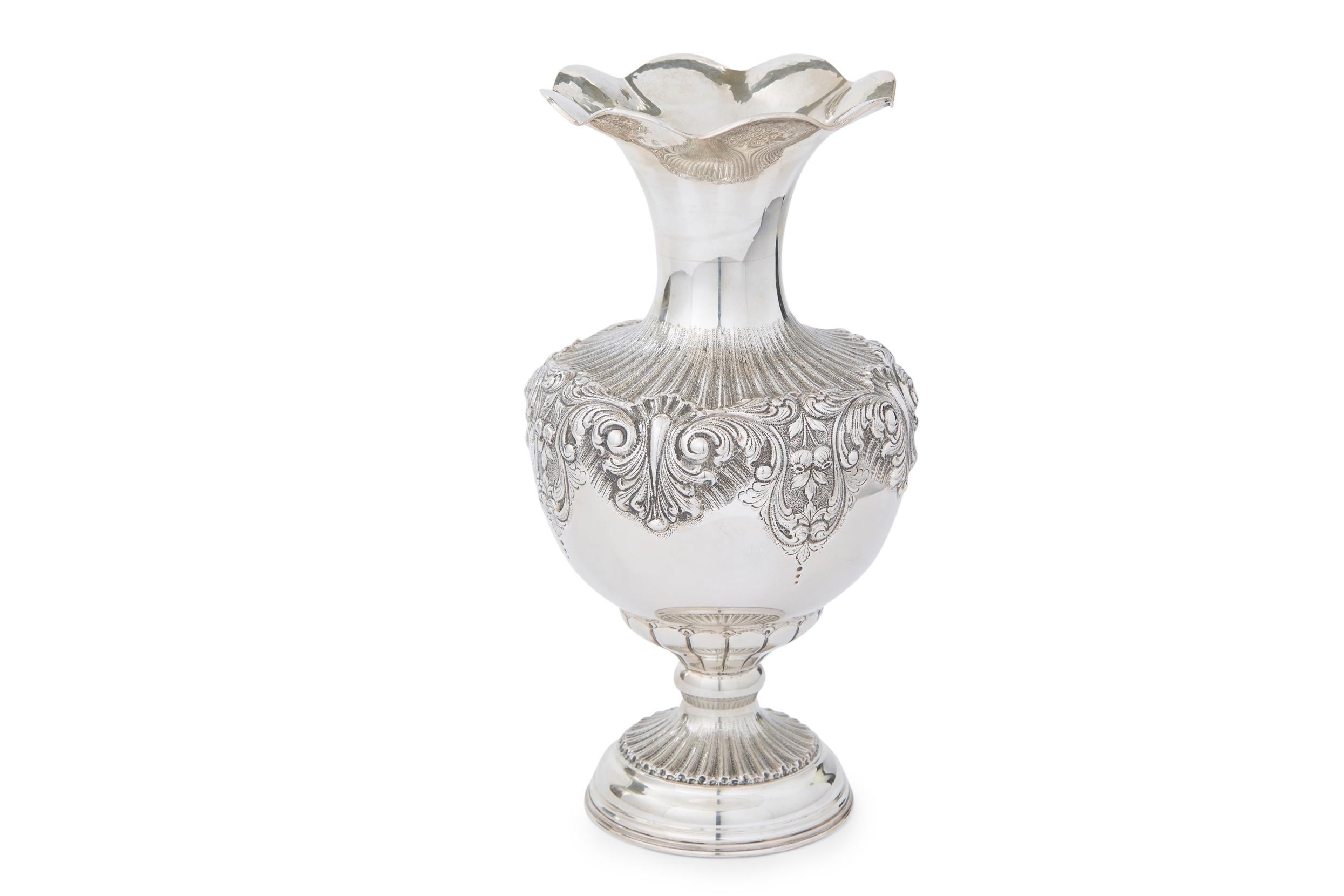 Very large 19th century sterling silver decorative centerpiece / vase with exterior design details and fluted neck top opening. The vase / piece is in great antique condition. Minor wear appropriate with age / use. Maker's mark undersigned. The