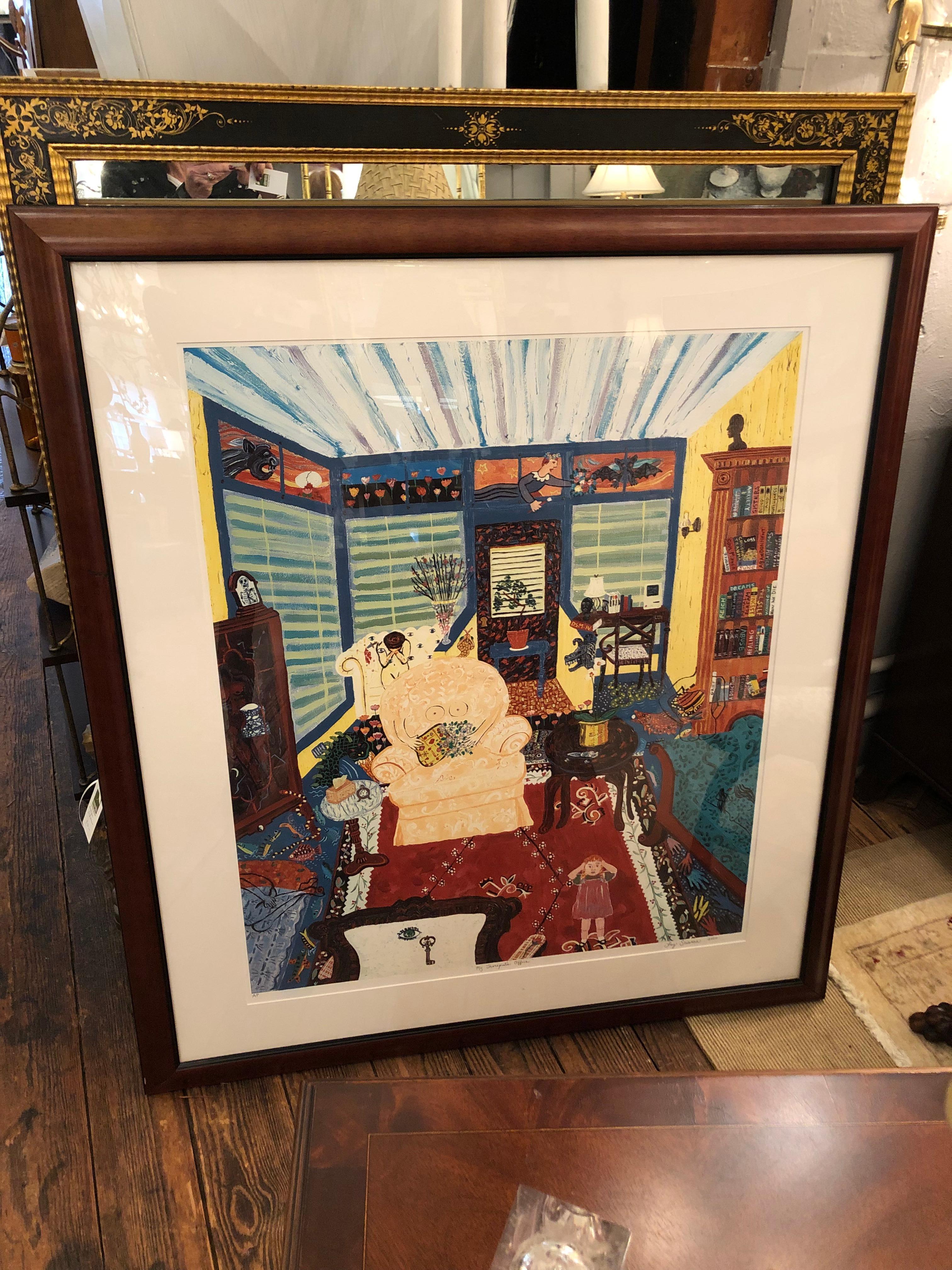 Striking and meticulously detailed signed Artist Proof of the interior of a therapist's office, which imaginatively renders the healing processes that occur there. Frame is a dark wood and the fine art print is handsomely matted.