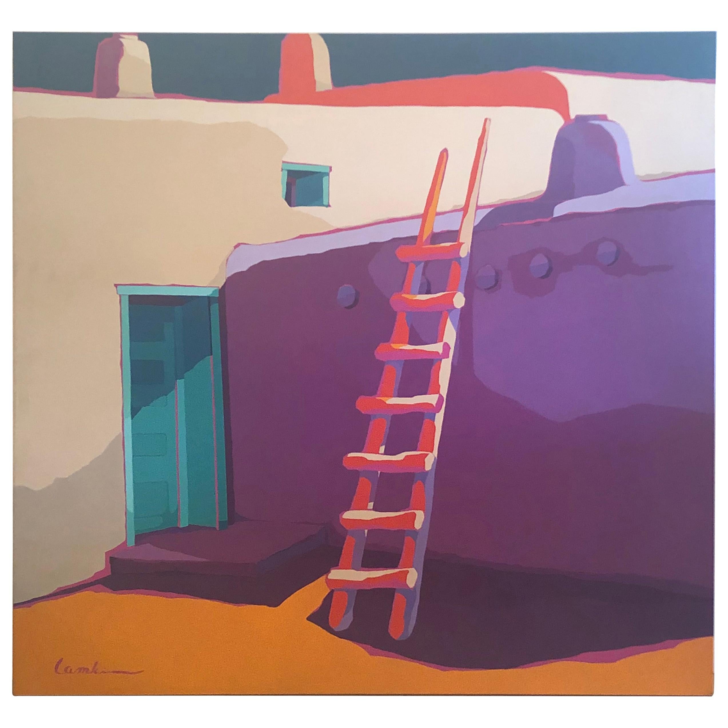 Striking Monumental JK Lamkin Painting on Canvas of Santa Fe Building Exterior 