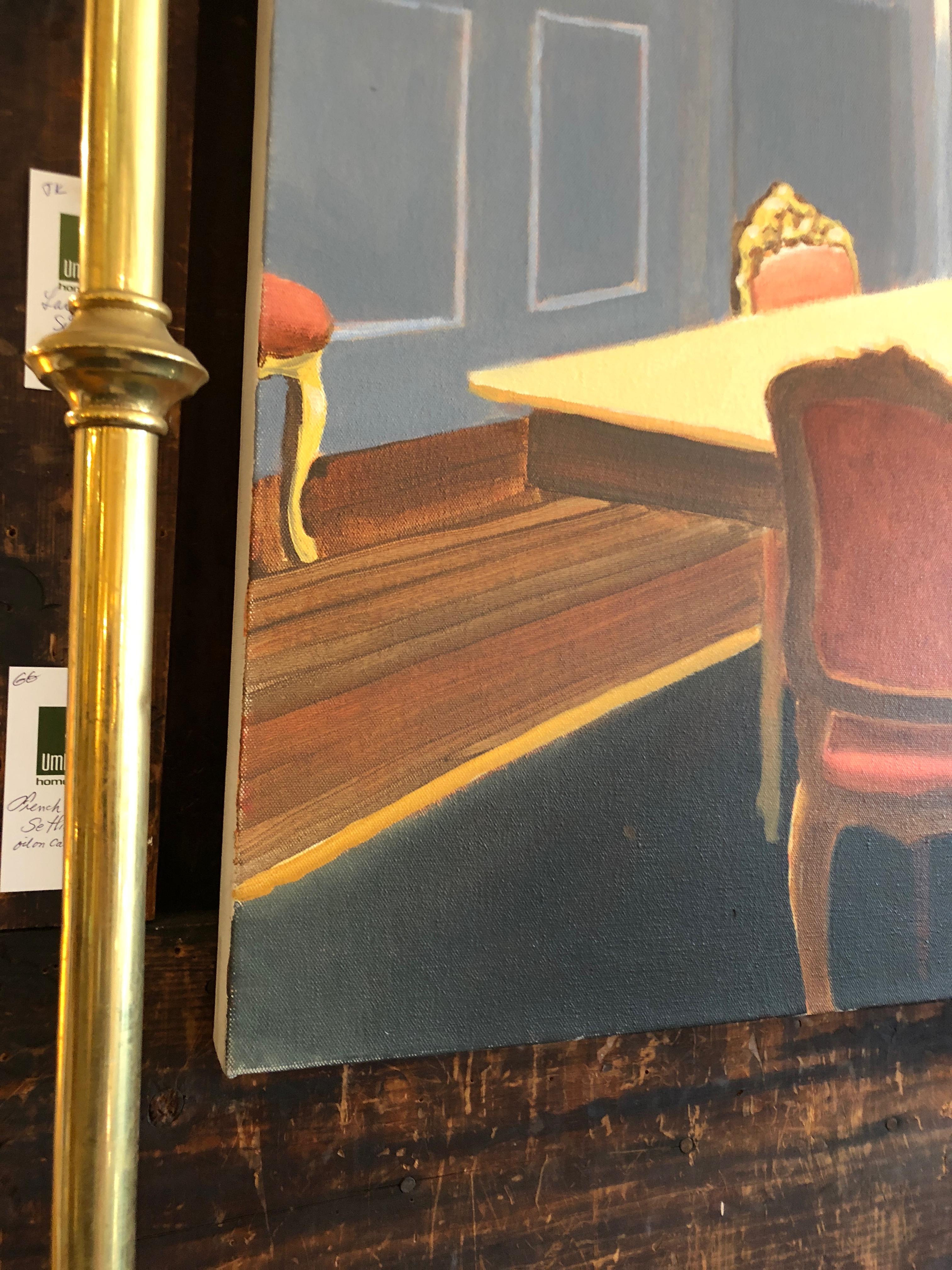 Beautifully rendered large painting on canvas by listed artist, John Bowman, having central fireplace, dining table, and unexpected single chair that's turned on it's side as if someone quickly departed the room and tipped it over. Palette is soft