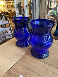 Very Large Striking Pair of Cobalt Blue Glass Candle Hurricanes or Vases