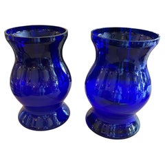 Very Large Striking Pair of Cobalt Blue Glass Candle Hurricanes or Vases
