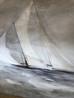 Very Large Striking Sailboat Painting in Muted Greys and White