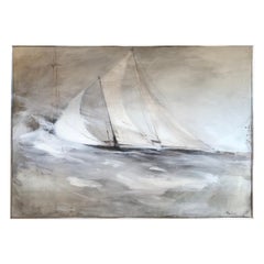 Very Large Striking Sailboat Painting in Muted Greys and White