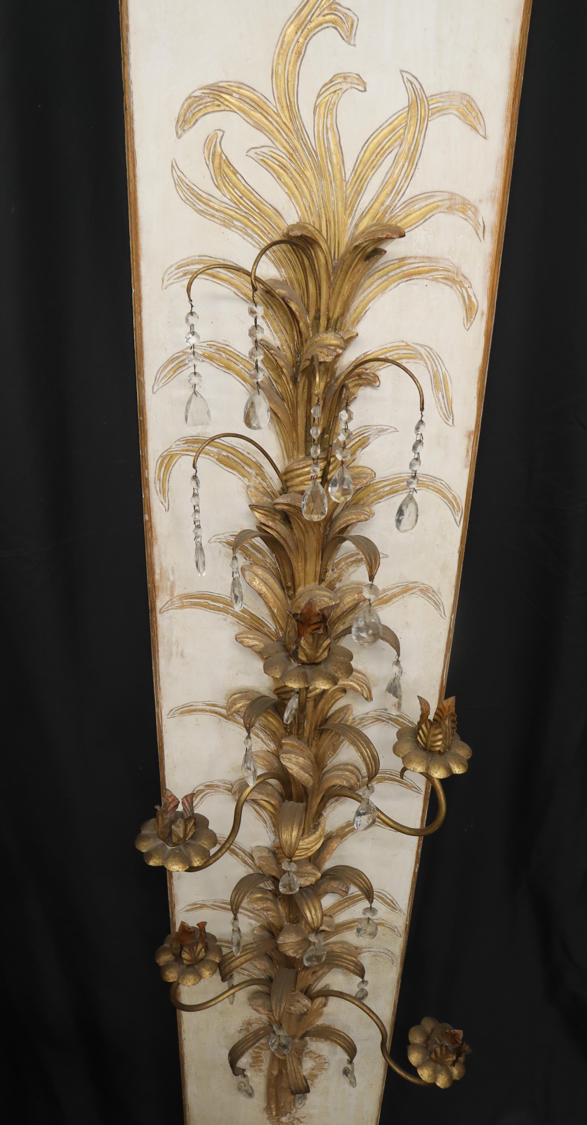 Rococo Revival Very Large Tall Gold Gilt Metal Crystal Decorated Wall Candle Holders Sconce For Sale