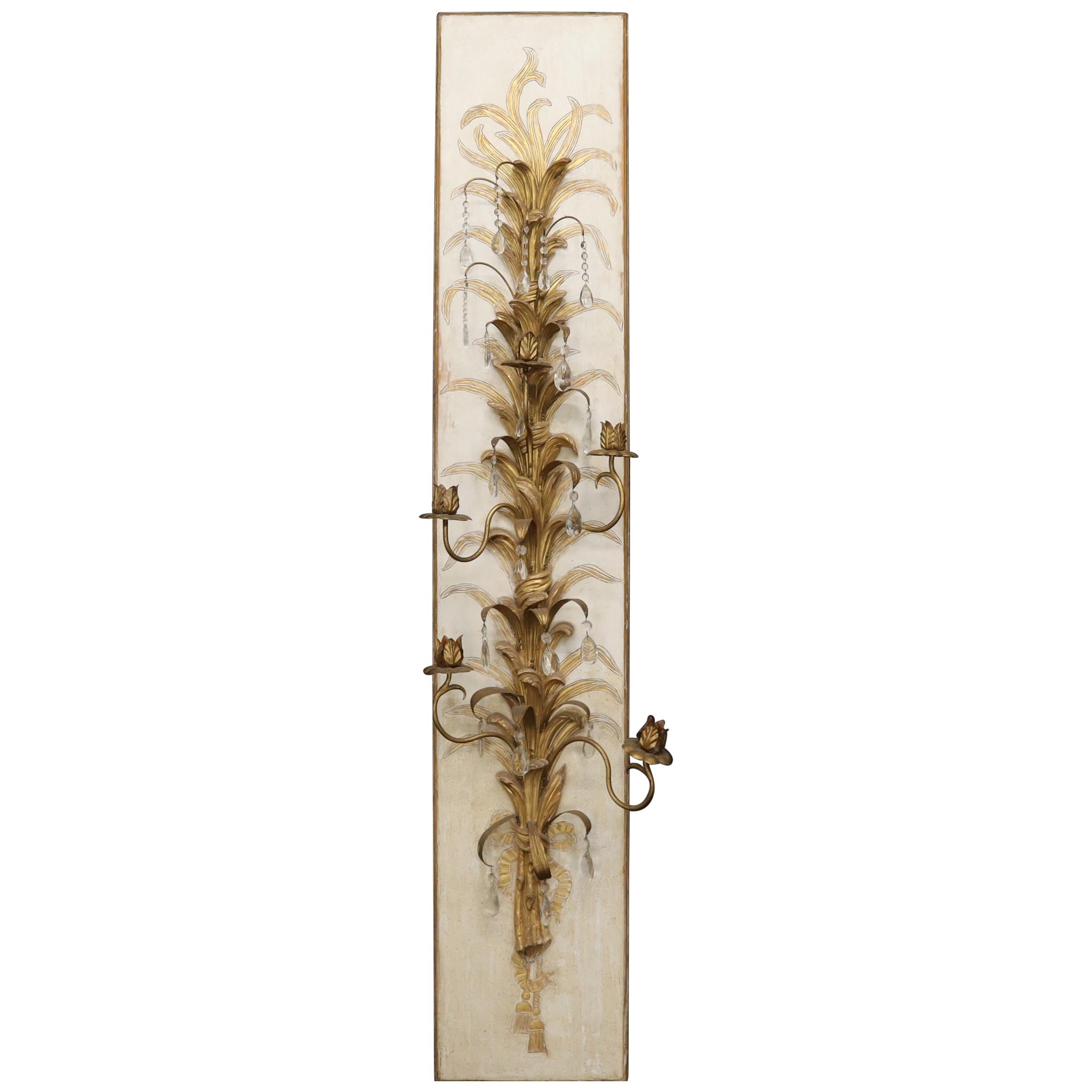 Very Large Tall Gold Gilt Metal Crystal Decorated Wall Candle Holders Sconce For Sale