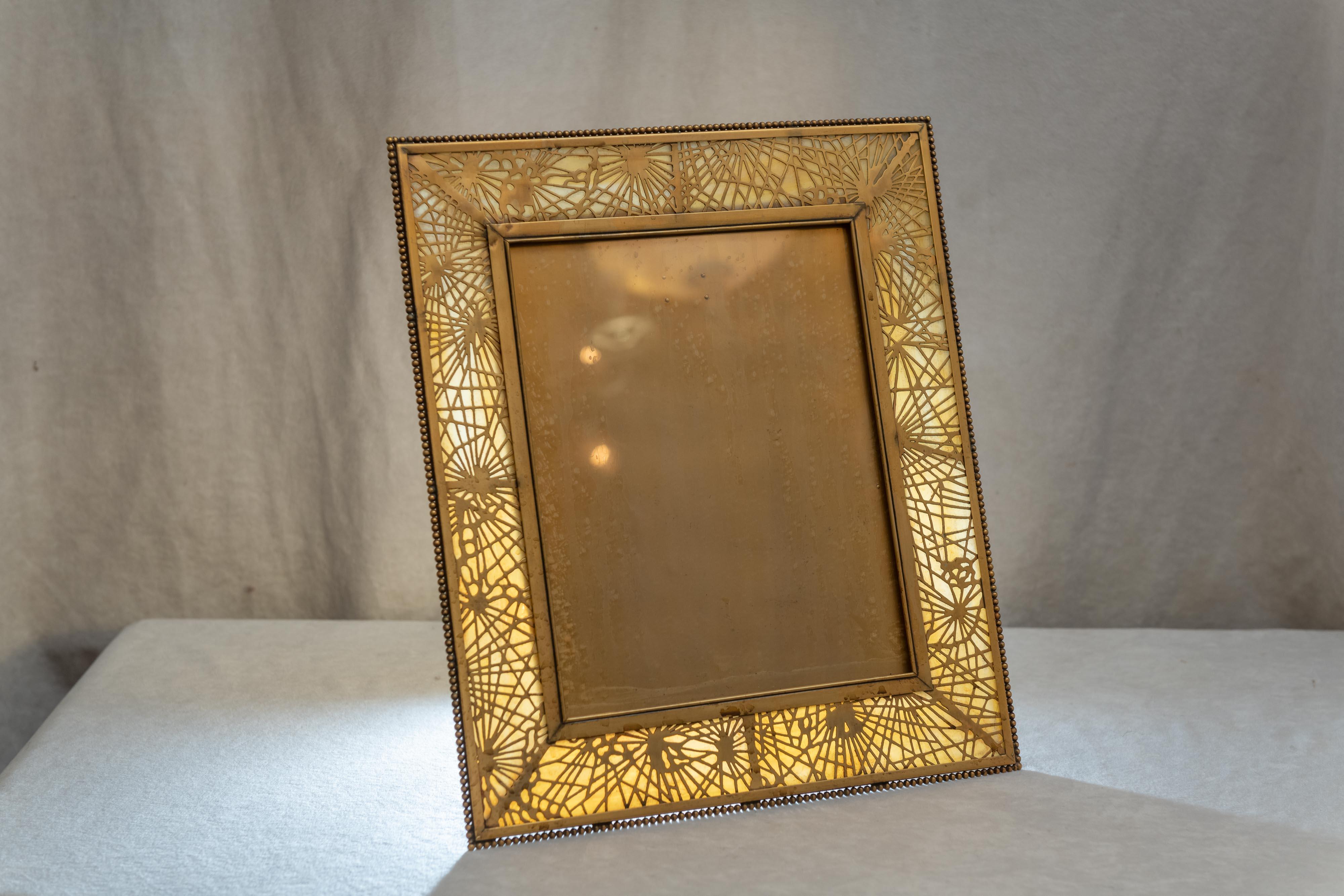 Bronze Very Large Tiffany Studios Pine Needle Picture Frame in Gilt Metal and Glass