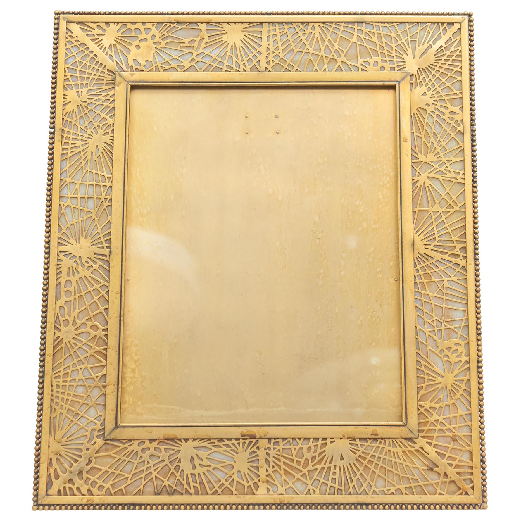 Very Large Tiffany Studios Pine Needle Picture Frame in Gilt Metal and Glass