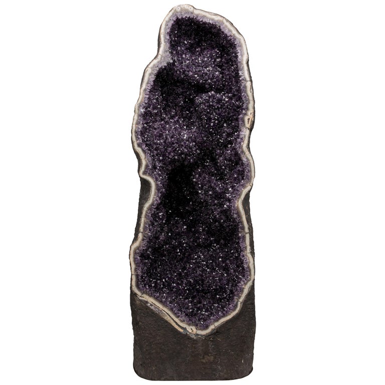 Incredible Deep Purple Amethyst Tower - Complete Half Geode with Agate border For Sale