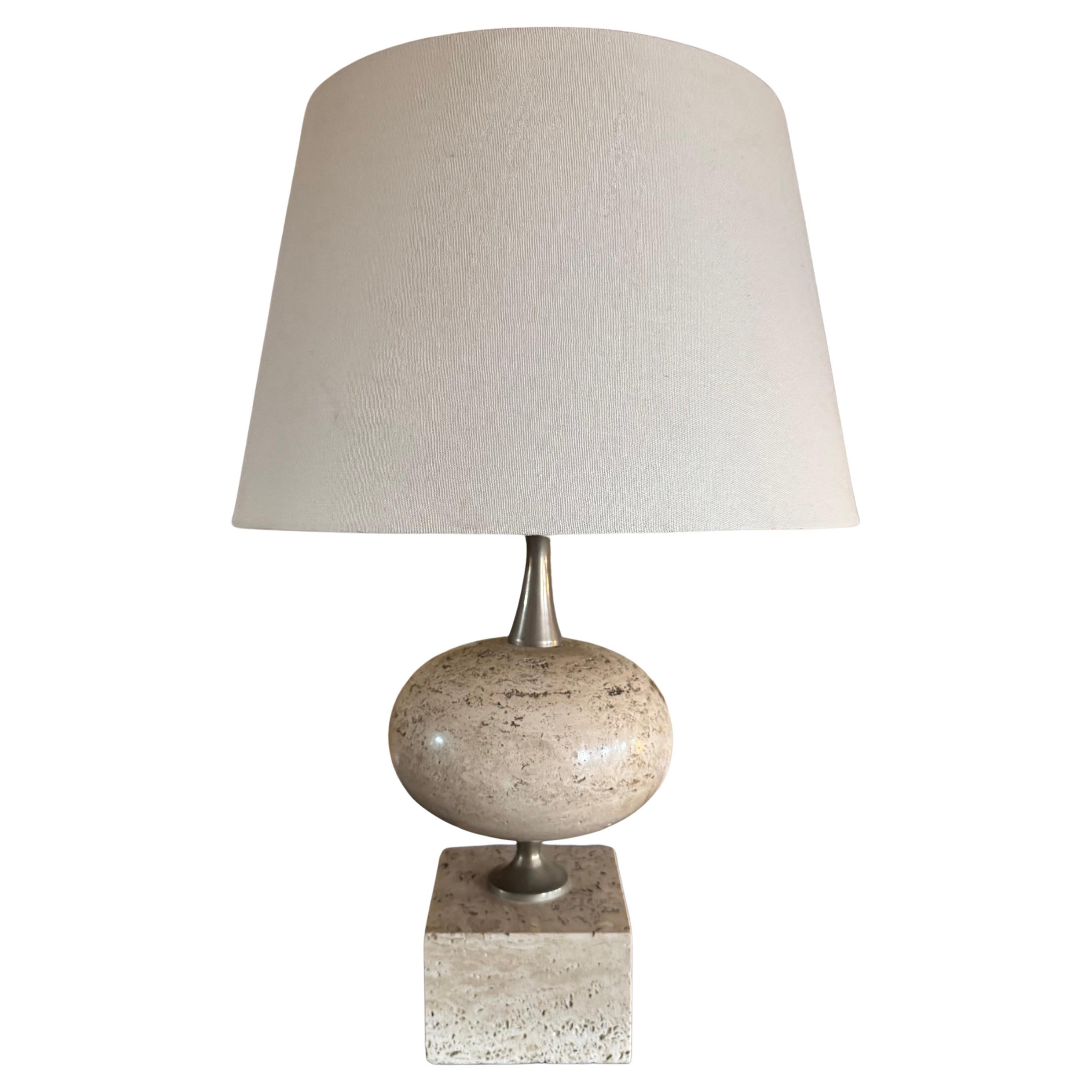 Large Travertine Table Lamp by Maison Barbier, French 1970s